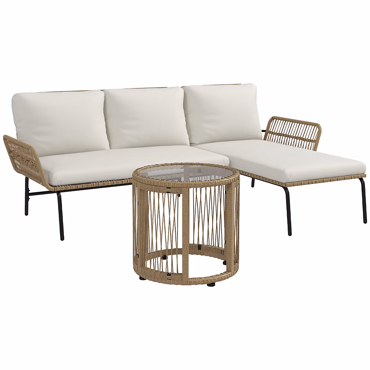 Ensemble jardin en rotin avec fauteuil relax – canapé 2 places, table basse, coussins crème, terrasse et balcon
