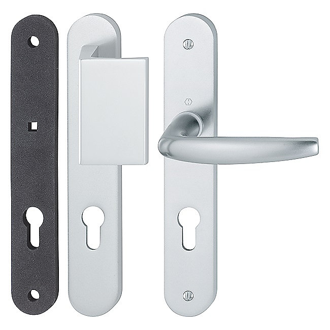 Ensemble Atlanta sur plaque étroite pour porte | fenêtre – finition F9 alu aspect inox – entraxe 70 mm – 504/3000/1530.