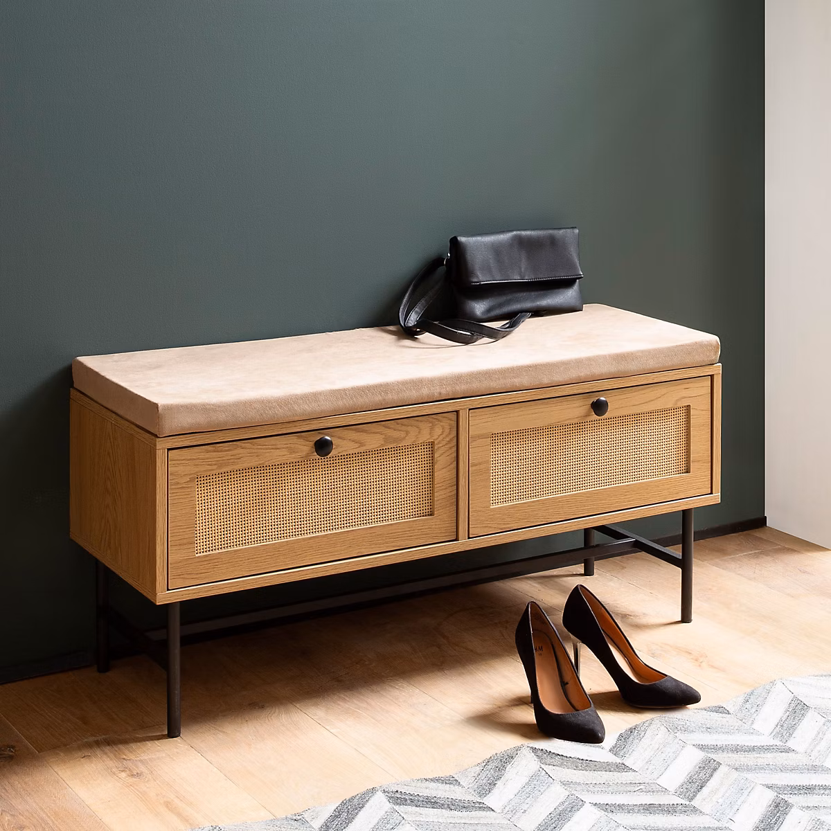 Banc à Chaussures 100 cm Rembourré Décor Chêne Tiroirs Rotin Moderne FineBuy – Réf. WQDMUIUOC6321010996