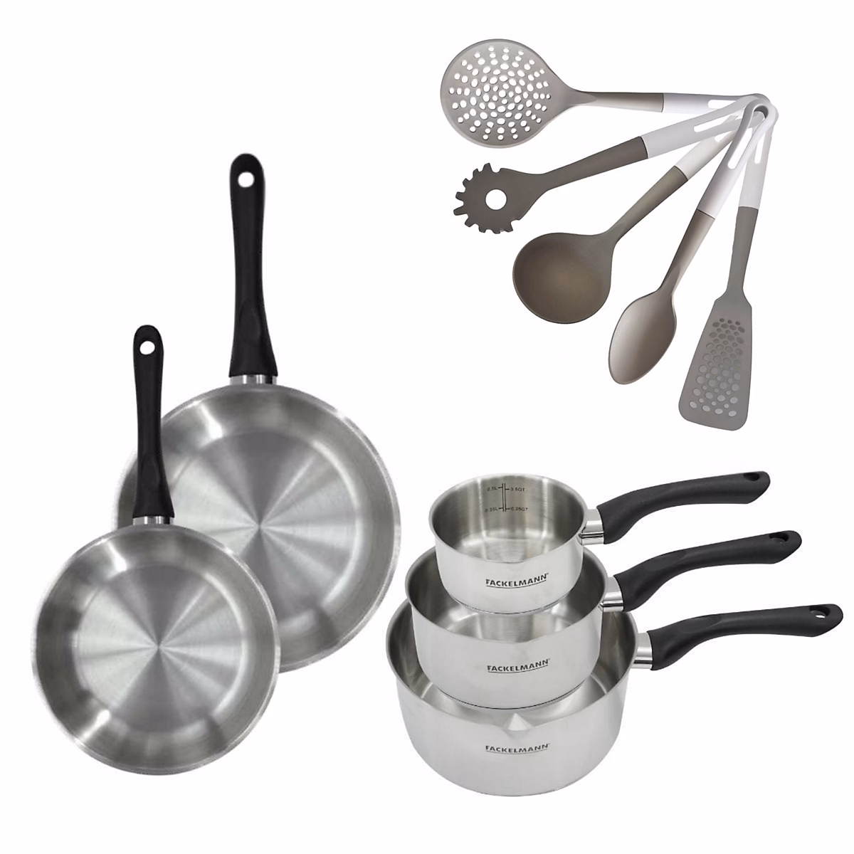 Batterie de cuisine avec 3 casseroles 12/16/20 cm et 2 poêles 20/24 cm avec 5 ustensiles de cuisine Fackelmann Généva Vario – Réf. UYPYYTARI7959829296