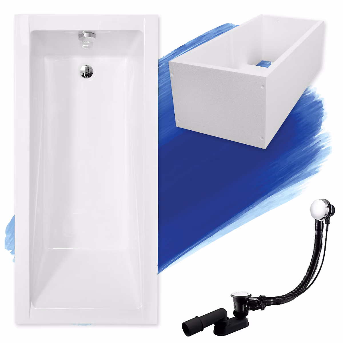 Baignoire rectangulaire 120 × 70 MODERN acrylique blanc + Support stabilisateur en polystyrène + Pieds + Vidage à chromé
