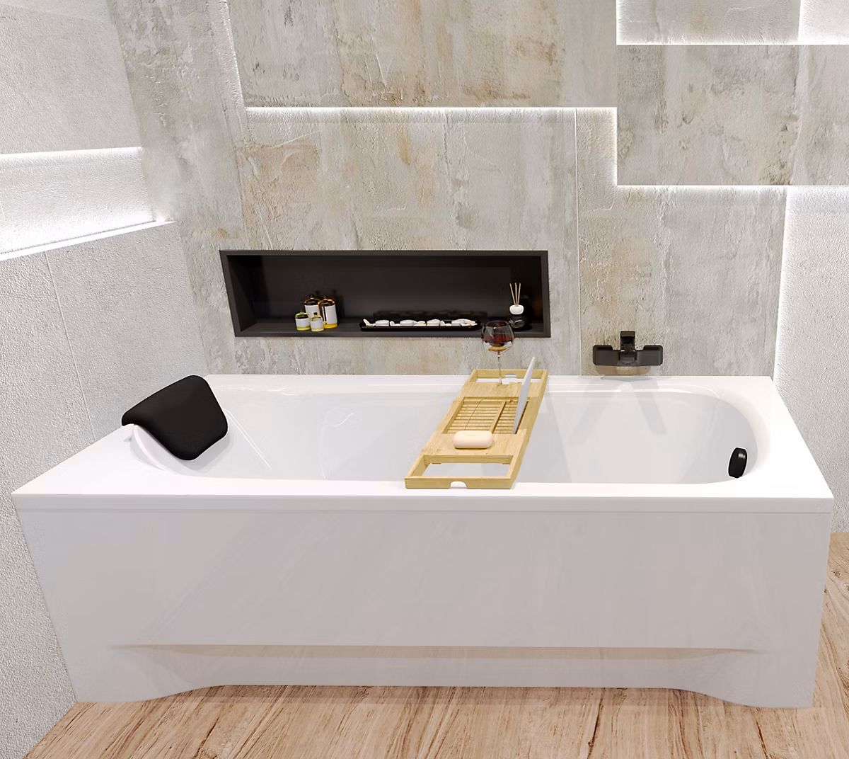 Baignoire rectangulaire 140 x 70 BONA acrylique blanc – sans Habillage + Étagère bambou + Pieds + Vidage à chromé