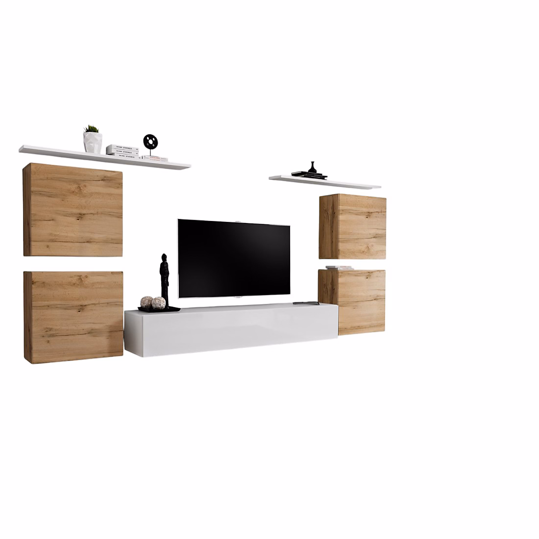 Composition murale SWITCH IV Blanc brillant et chene Wotan Meuble TV – blocs suspendus et étagères Style naturel moderne