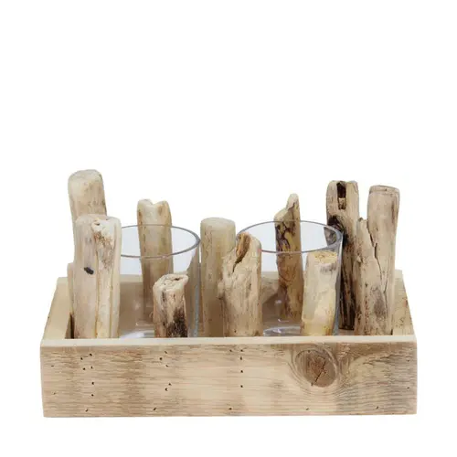 Plateau en bois blanchi avec 2 photophores en verre transparent - 24 x 14 x 12 cm