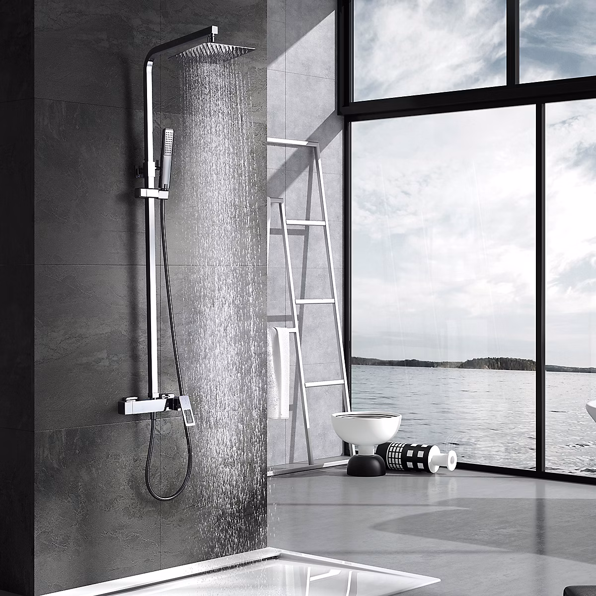 Colonne de douche mitigeur chrome en acier et laiton avec pommeau anticalcaire 20 × 20 cm