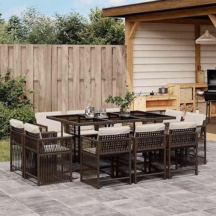 Ensemble jardin vidaXL 11 pièces marron poly rotin 10 coussins – Réf. ARBLYTMOH5224466374