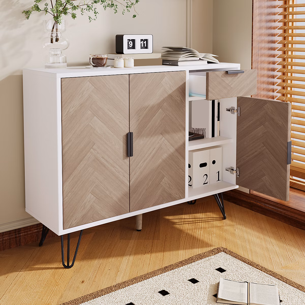 Buffet Moderne avec Tiroir – Étagères Réglables, Pieds Métalliques Noirs, Charnières Amorties, Meuble en MDF, Blanc, 90 × 30 × 71,5 cm