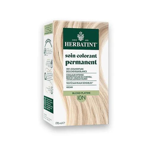 Coloration permanente pour cheveux blond platine 10N aux extraits végétaux biologiques vegan Herbatint - 170 ml
