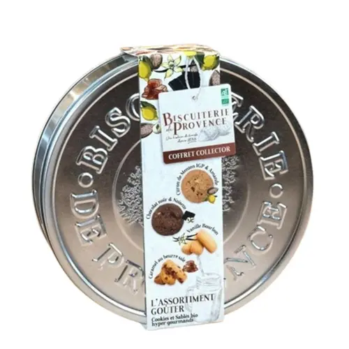 Boite de biscuits en métal assortiment goûter 2 cookies et 2 sablés Biscuiterie de Provence