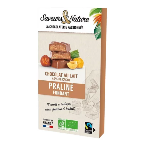18 carrés fourrés praliné enrobés de chocolat au lait bio Saveurs et Nature - 80 g