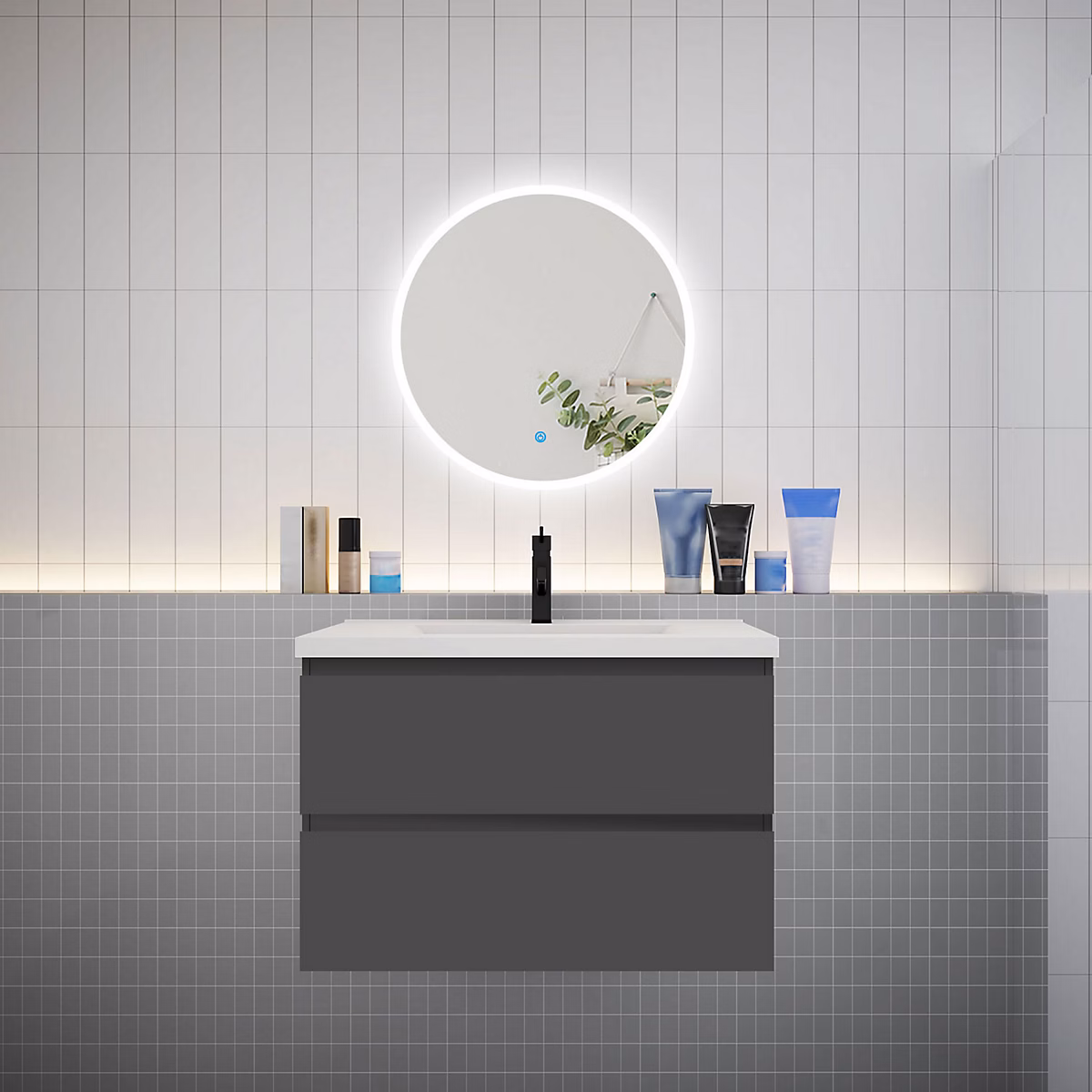 Ensemble meuble vasque L.80cm 2 tiroirs + lavabo + LED miroir rond 60cm – anthracite