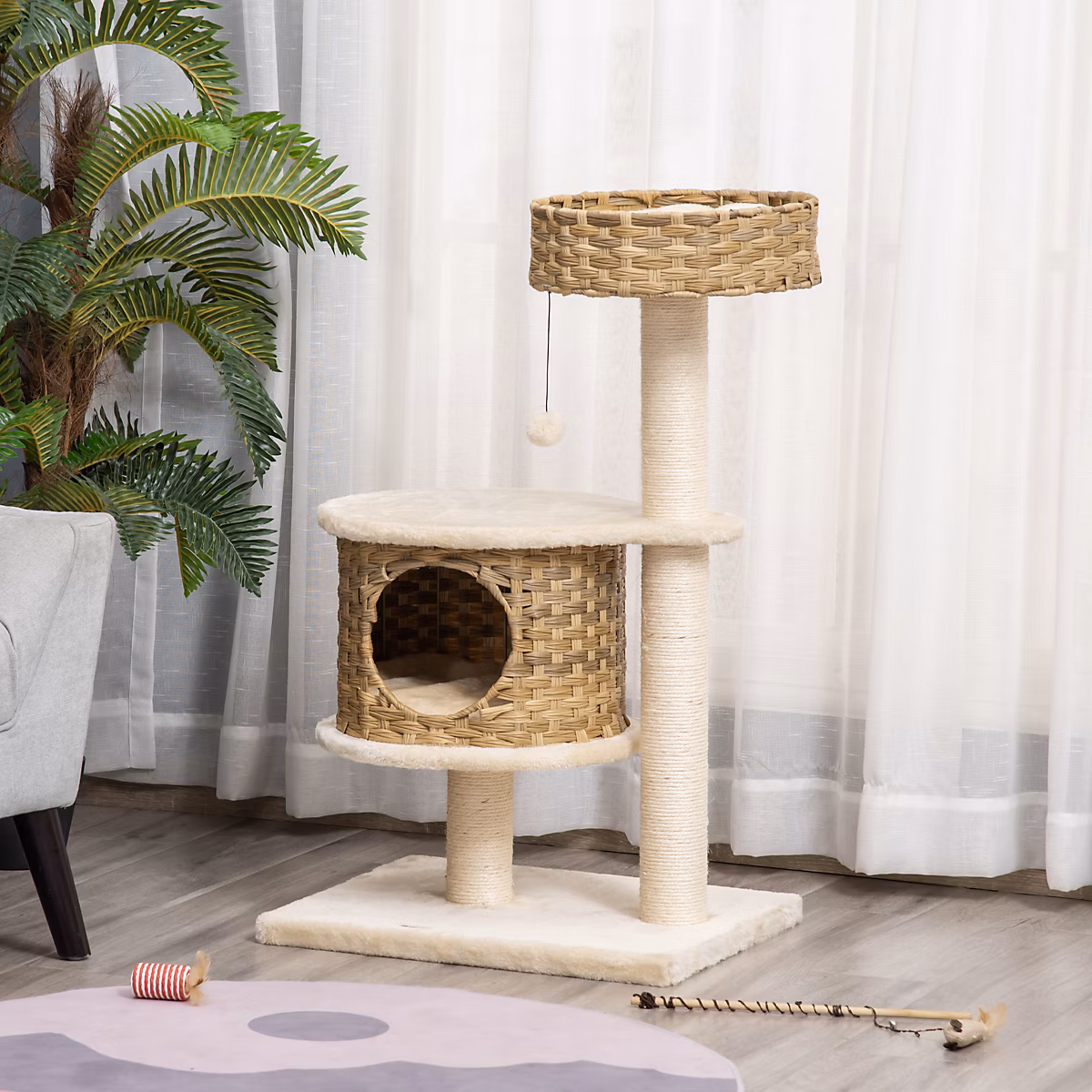 Arbre à chat 95 cm en rotin PE naturel avec niche et balle suspendue | Chat