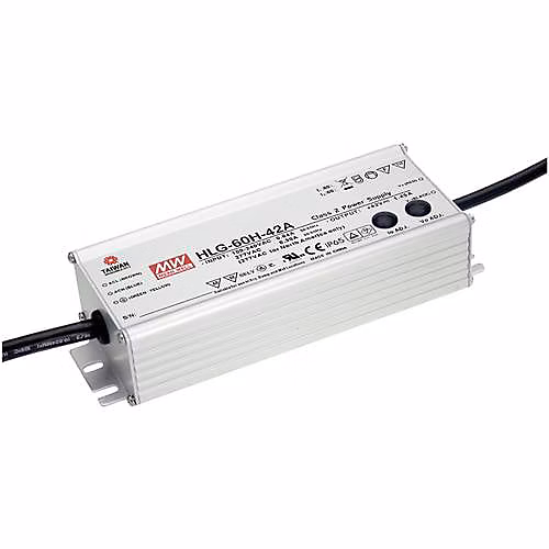 Driver LED Mean Well HLG-60H-24B 24 V DC 2 – 5 A, 60 W, boîtier métallique IP67