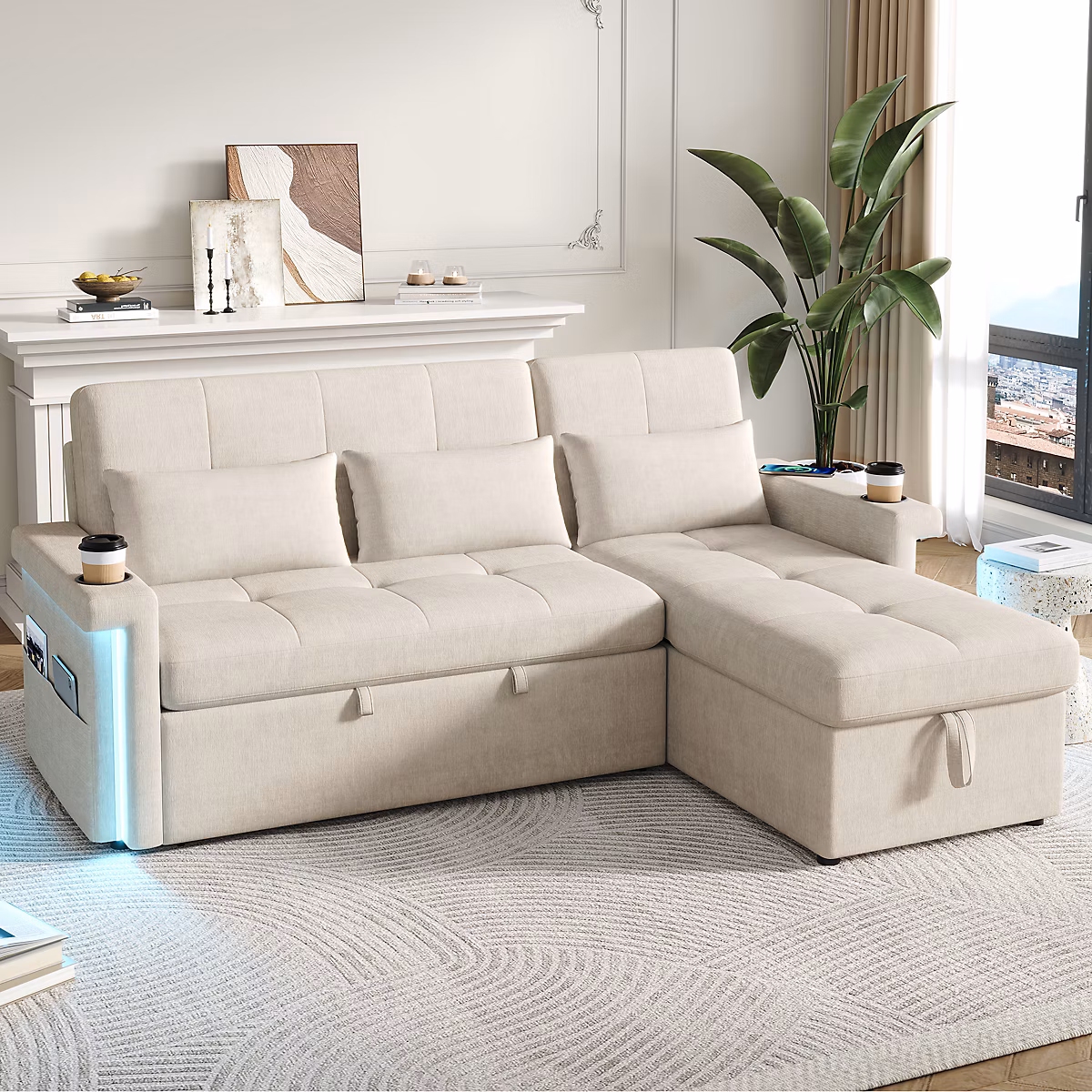 Canapé Convertible Canapé d'Angle Modulable avec Couchage – Rangement et Éclairage LED, Revêtement en Chenille, Beige