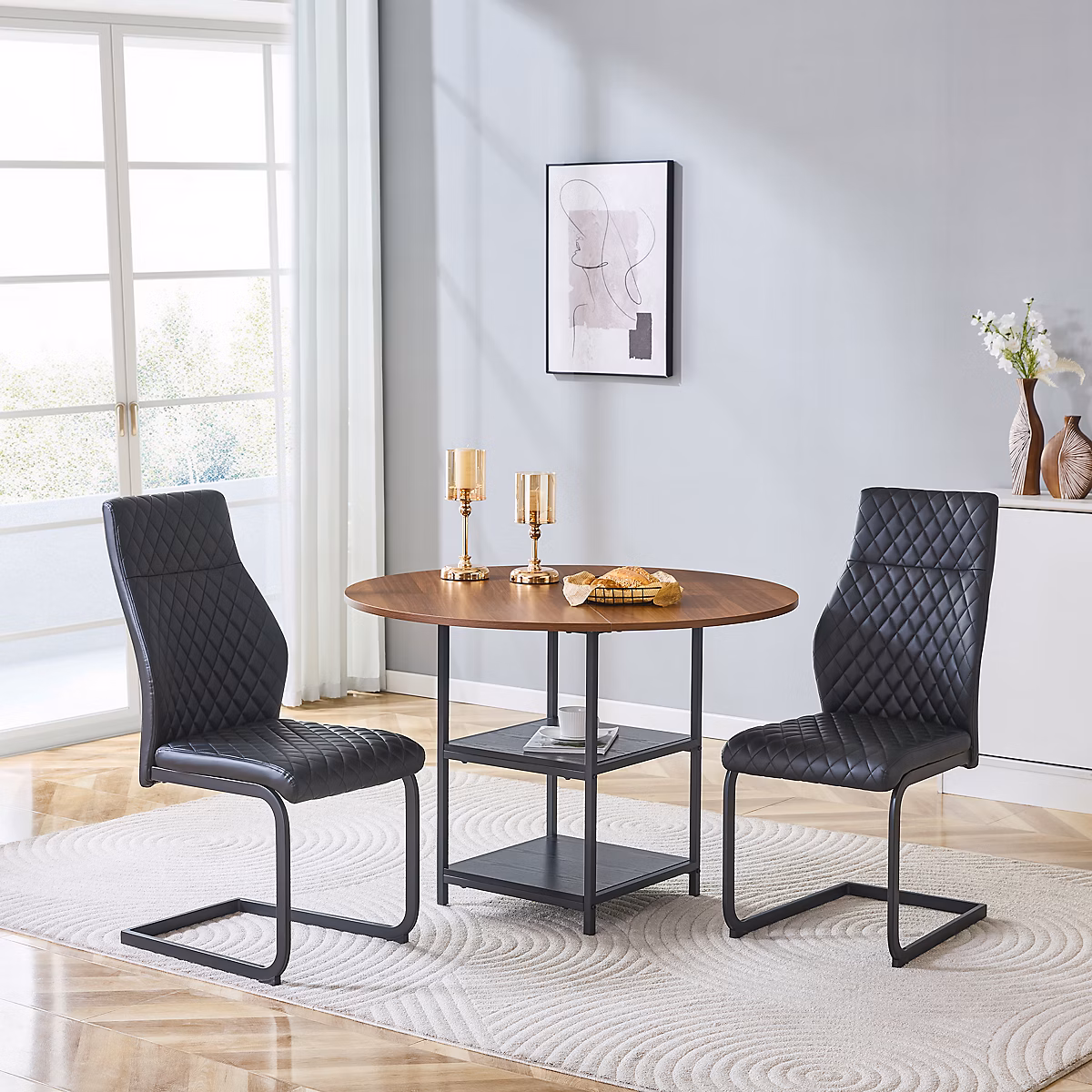 Ensemble table et chaise – Ensemble table à manger ronde 107 cm noyer et noir avec 2 chaises en PU