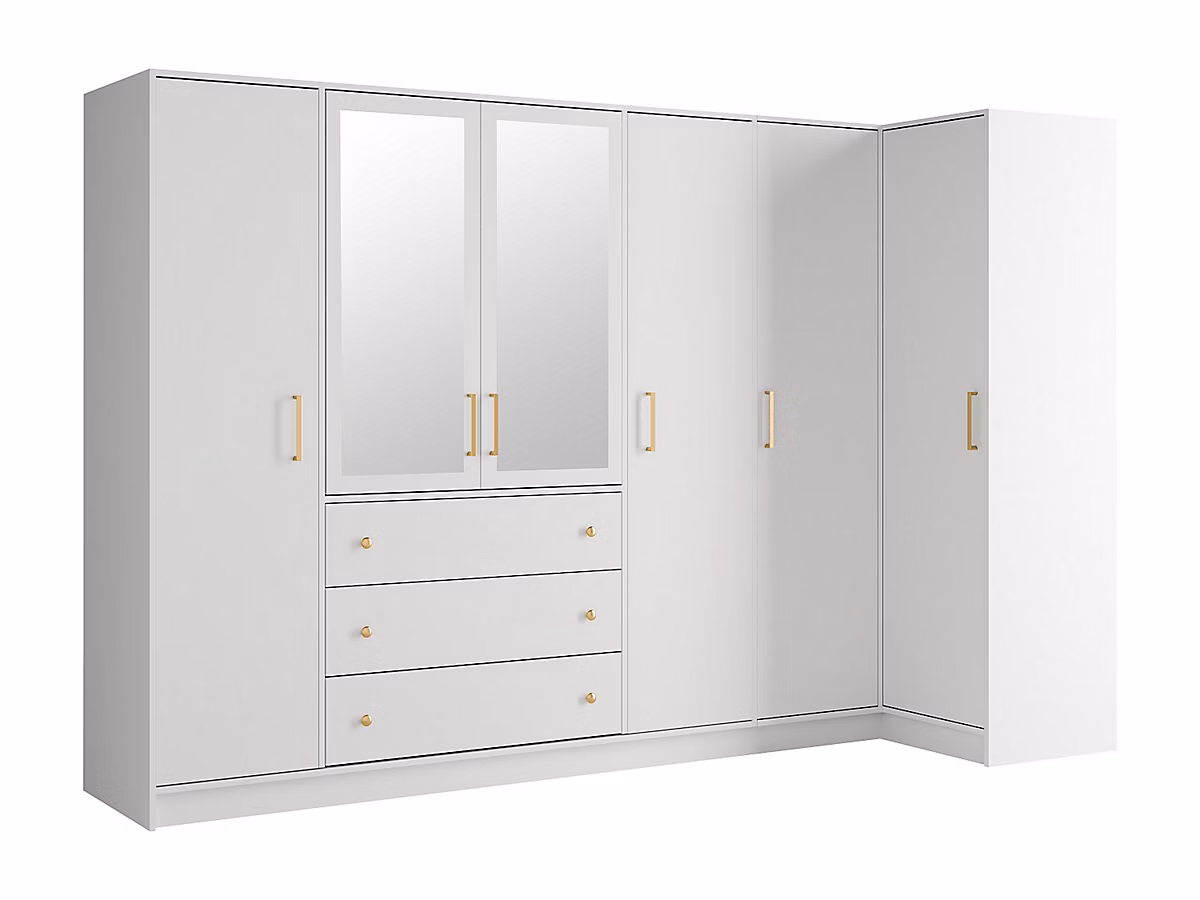 Armoire d'angle 6 portes et 3 tiroirs | Avec miroirs – L311 cm – Blanc – LIZANDRO