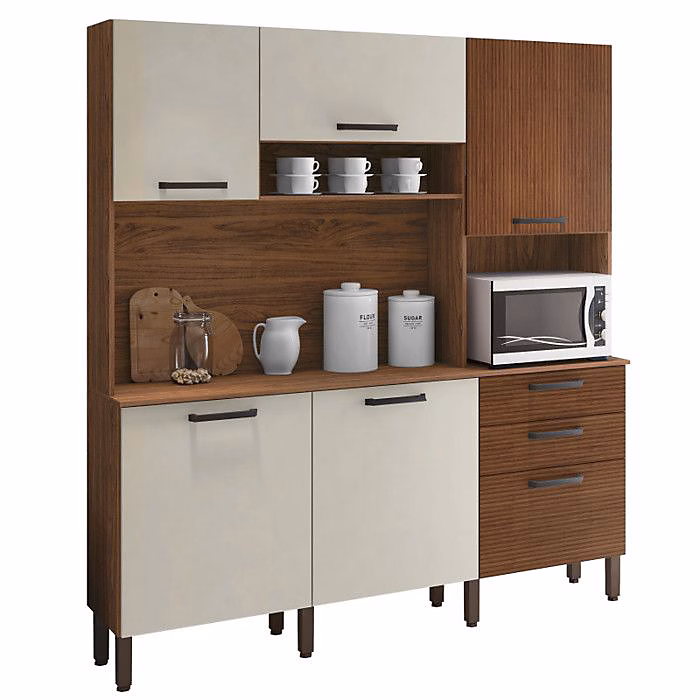 Buffet de Cuisine 6 Portes 2 Tiroirs Noyer et Blanc Ecru L 180.2 H 198 P 38.8 cm – L 180.2 x l 38.8 x H 198 cm