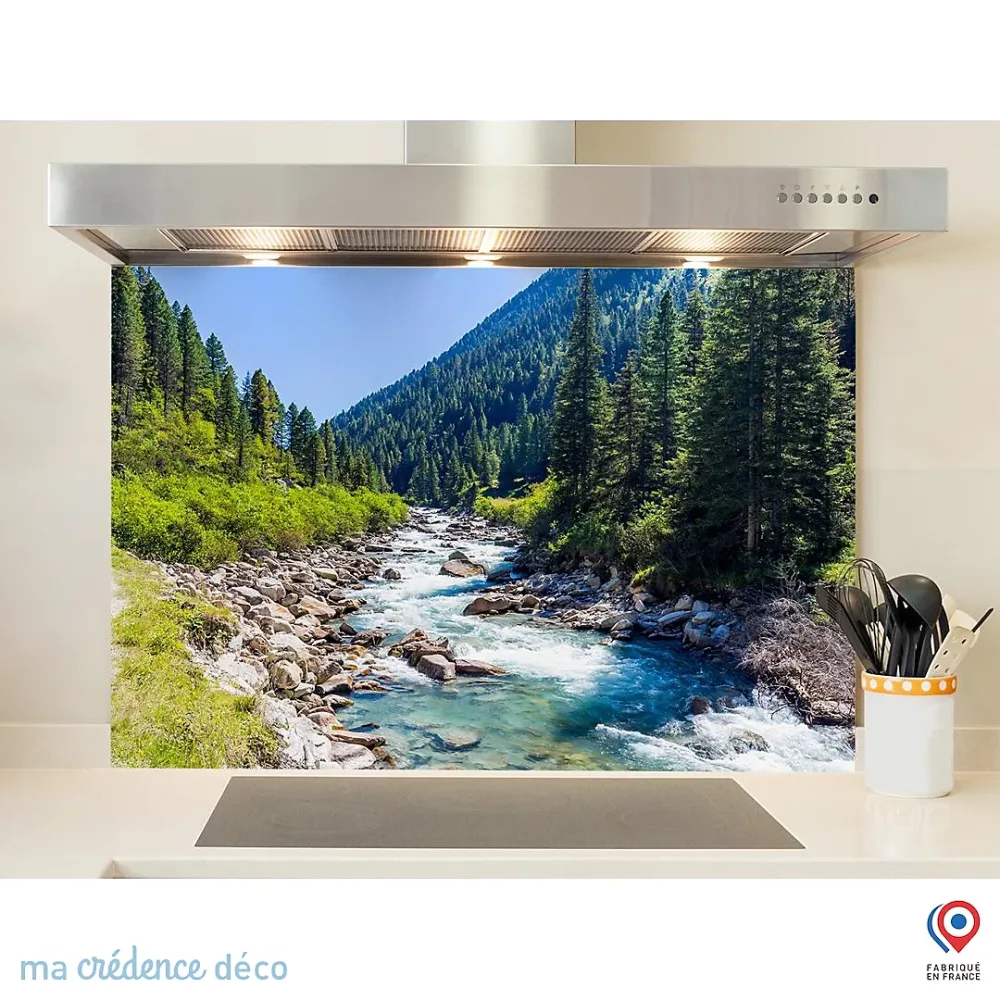 Crédence cuisine fond de hotte Torrent de montagne – Verre trempé, L 60 cm x H 45 cm, MaCrédenceDéco
