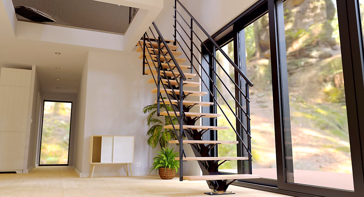 Escalier monopoutre droit Maya rampe aluminium marche hêtre l. 2.75 m | Escalier