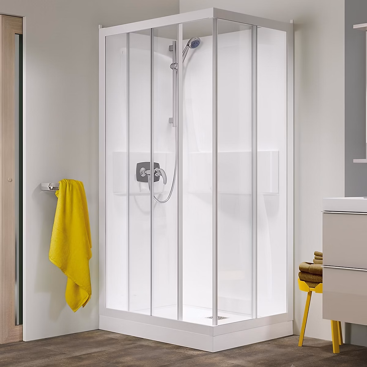 Porte de douche – Cabine de douche d'angle KINEDO KINEPRIME 100x80 2 portes coulissantes hauteur receveur 18cm verre transparent avec mitigeur