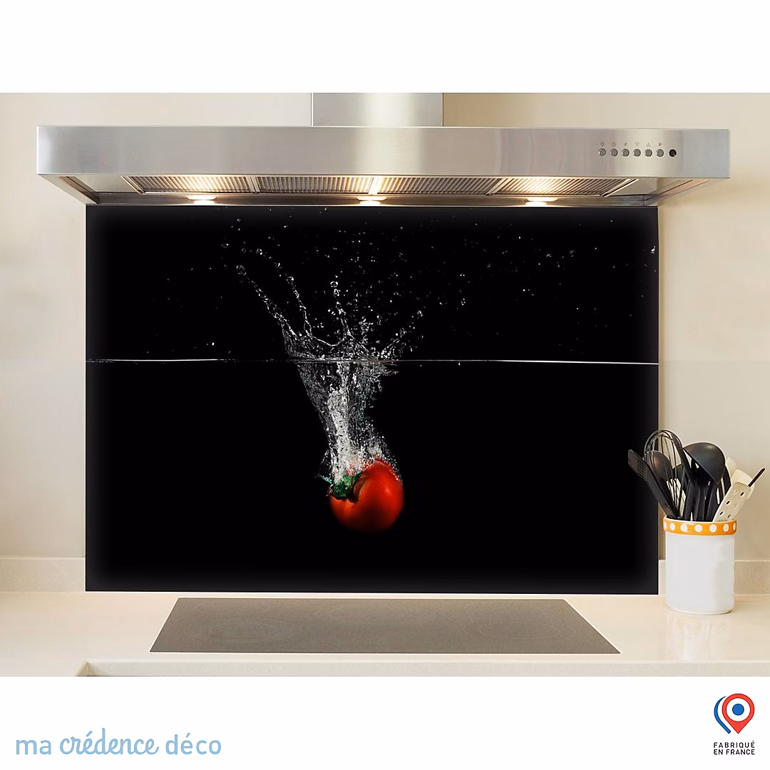 Crédence cuisine fond de hotte Bain de tomate – Verre trempé, L 90 cm x H 60 cm, MaCrédenceDéco