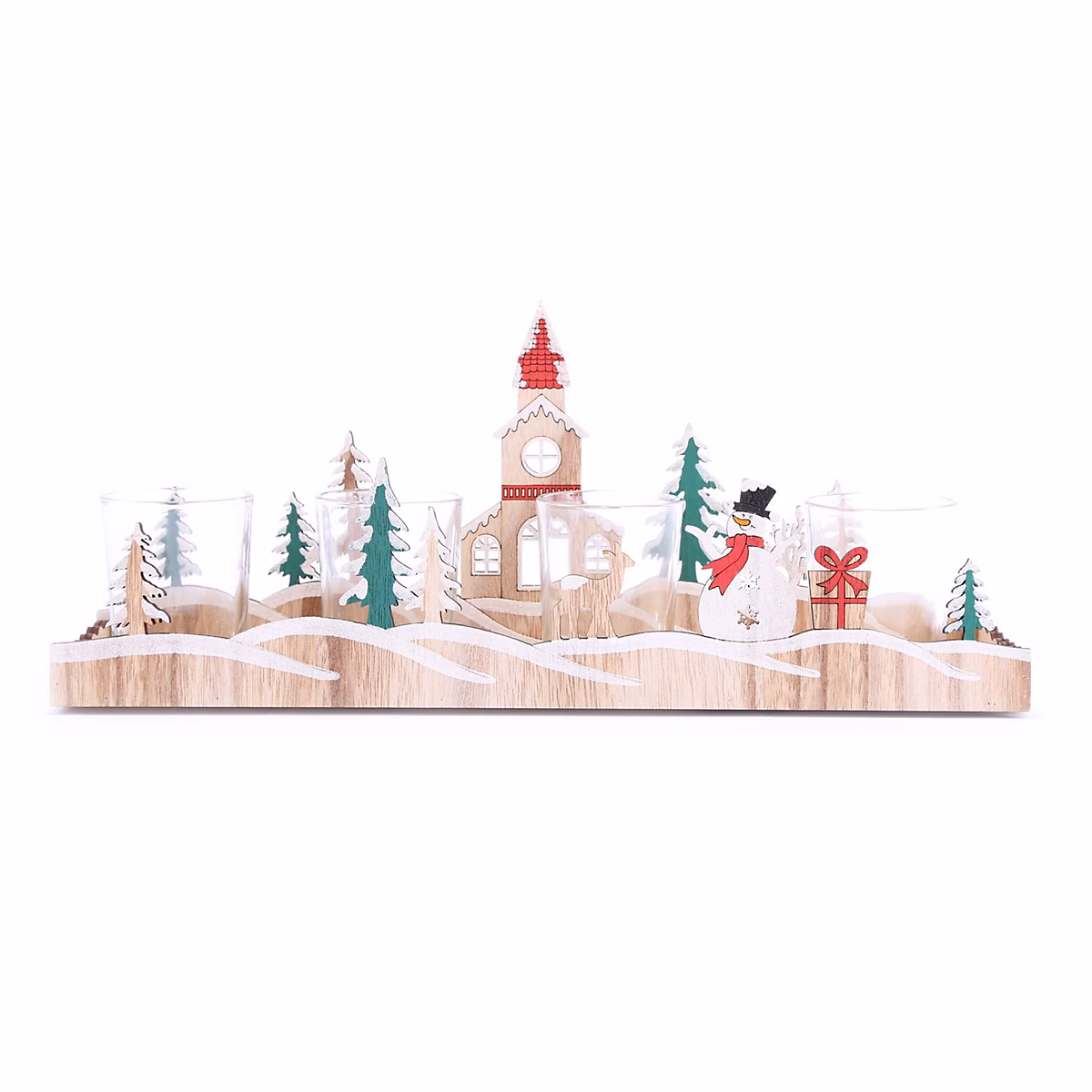 Bougeoir de Noël en bois avec paysage Beige – L. 35 x l. 8 x H. 14 cm, XMAS TRADI