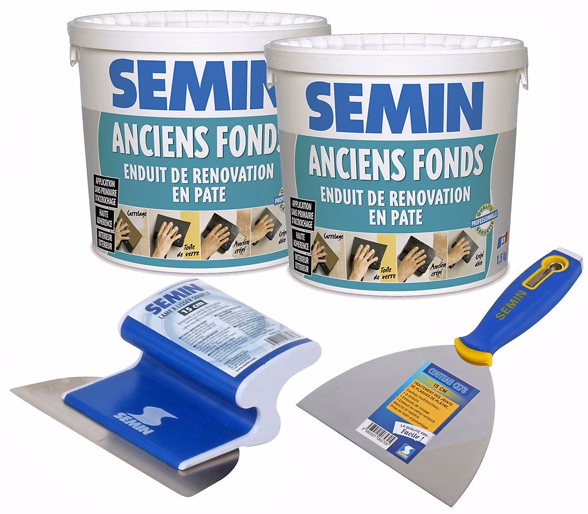 Enduit de Rénovation pour les Supports Irréguliers Semin Anciens Fonds | Seau de 1 – 5 kg (lot de 2) – Couteau et Lame à lisser 15 cm
