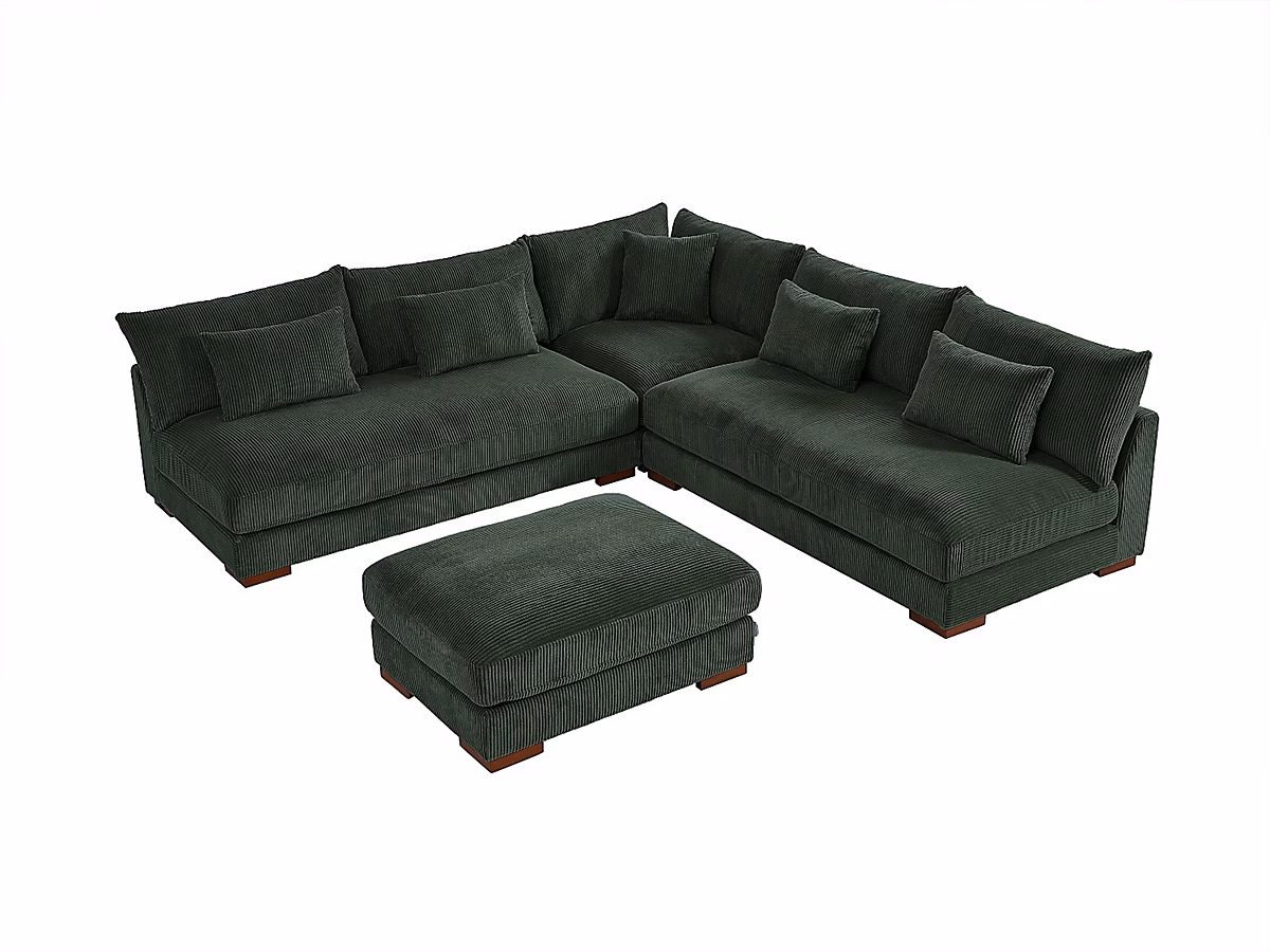 Canapé d'angle réversible et pouf en velours côtelé vert SPERONE | Canapé
