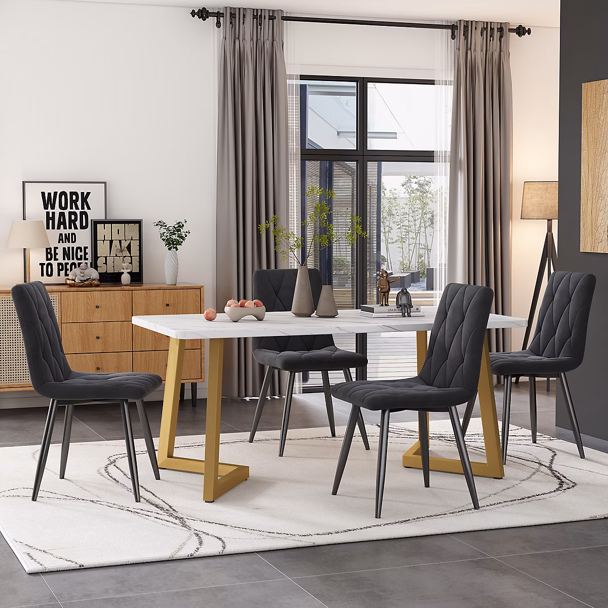 Ensemble Table et Chaises – Rectangulaire et Chaises Velours, Pieds Métal Doré, MDF, 117 × 68 × 75 cm, Blanc & Gris Foncé