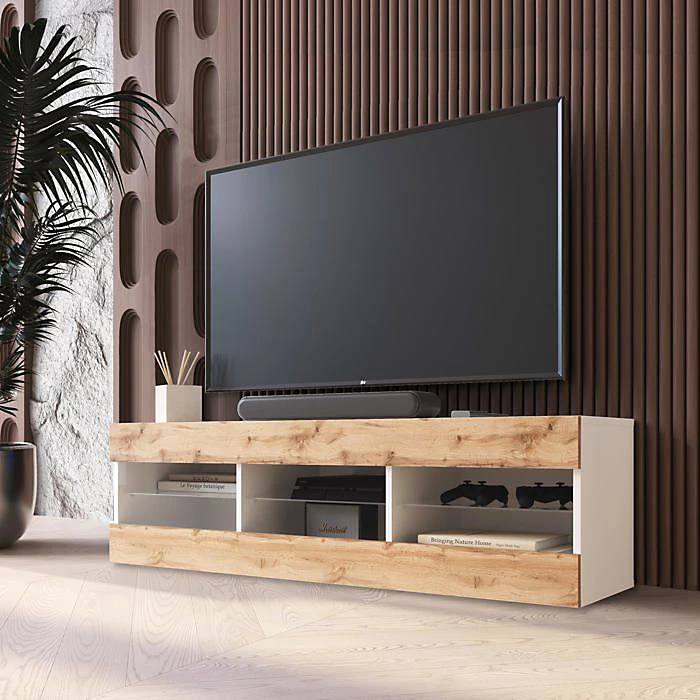Banc TV Tivoli RTV Komodee – sans LED, Bois Naturel et Blanc, Facades en Mat, 140 × 41 × 35 cm
