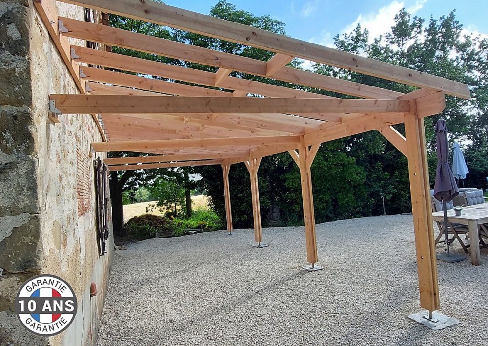 Carport adossé une pente 450cmx1250cm | bois DOUGLAS Français (Charpente en bois – auvent – abri voiture) 57 m². Garantie 10 ans