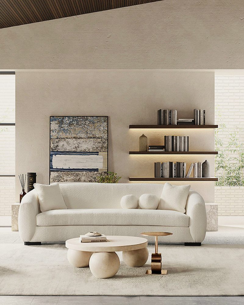 Canapé arrondi 3 places en tissu bouclé cream – Uniqka