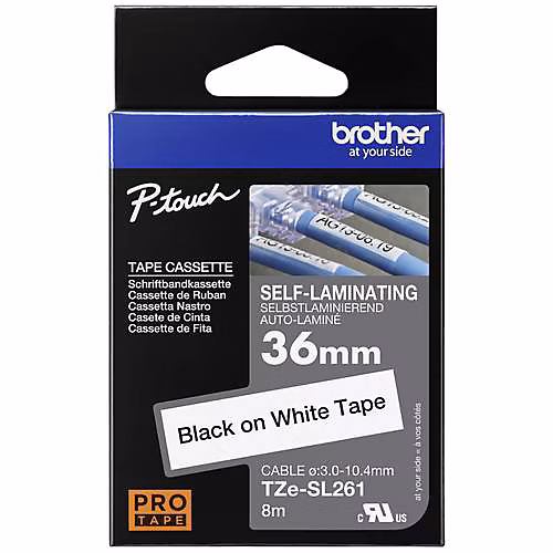 Bande auto | plastifiante Brother TZe – SL261 noir sur blanc 36 mm x 8 m