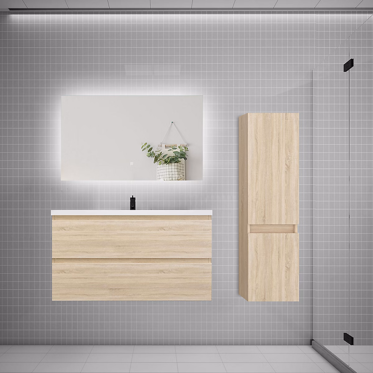 Ensemble meuble de salle de bain et lavabo chêne (L.100cm) 2 tiroirs + meuble haut + lavabo + miroir LED – Réf. BUJPTEZUM4288505068