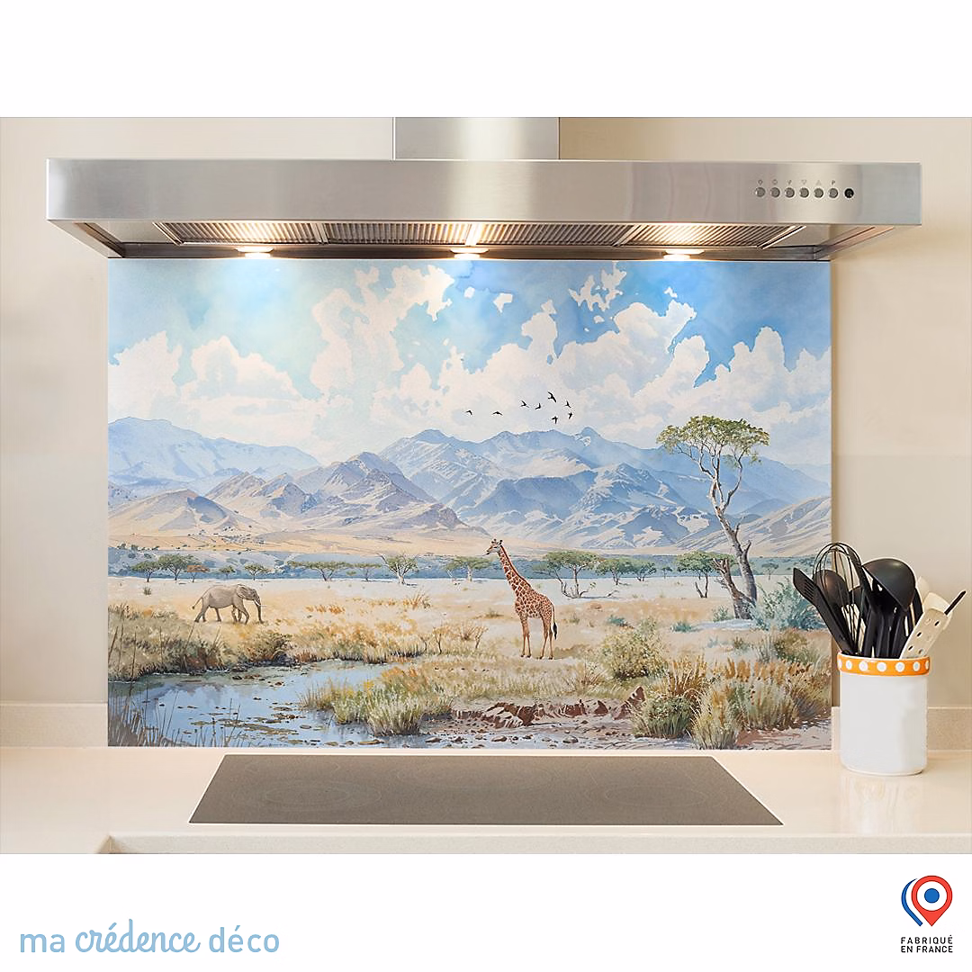 Crédence cuisine fond de hotte Savane Aquarelle – Alu composite | L 90 cm x H 60 cm | MaCrédenceDéco