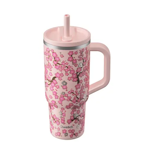 Travel cup isotherme en inox à motifs fleurs rose pastel avec bouchon étanche Qwetch - 900 ml