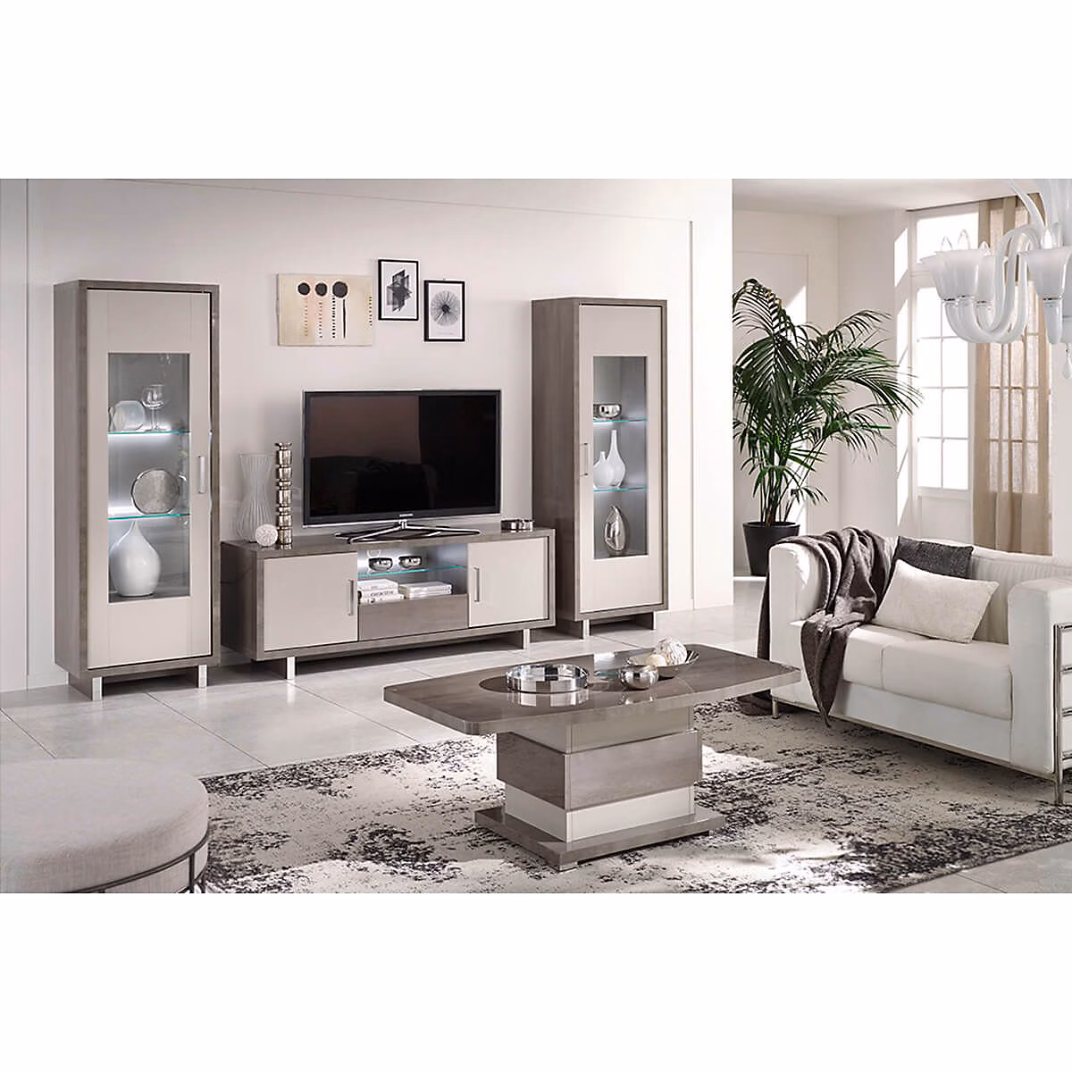 AUXANE – Pack Salon Meuble TV Led + Table Basse + 2 Vitrines Led Gris Metallisé et Mat