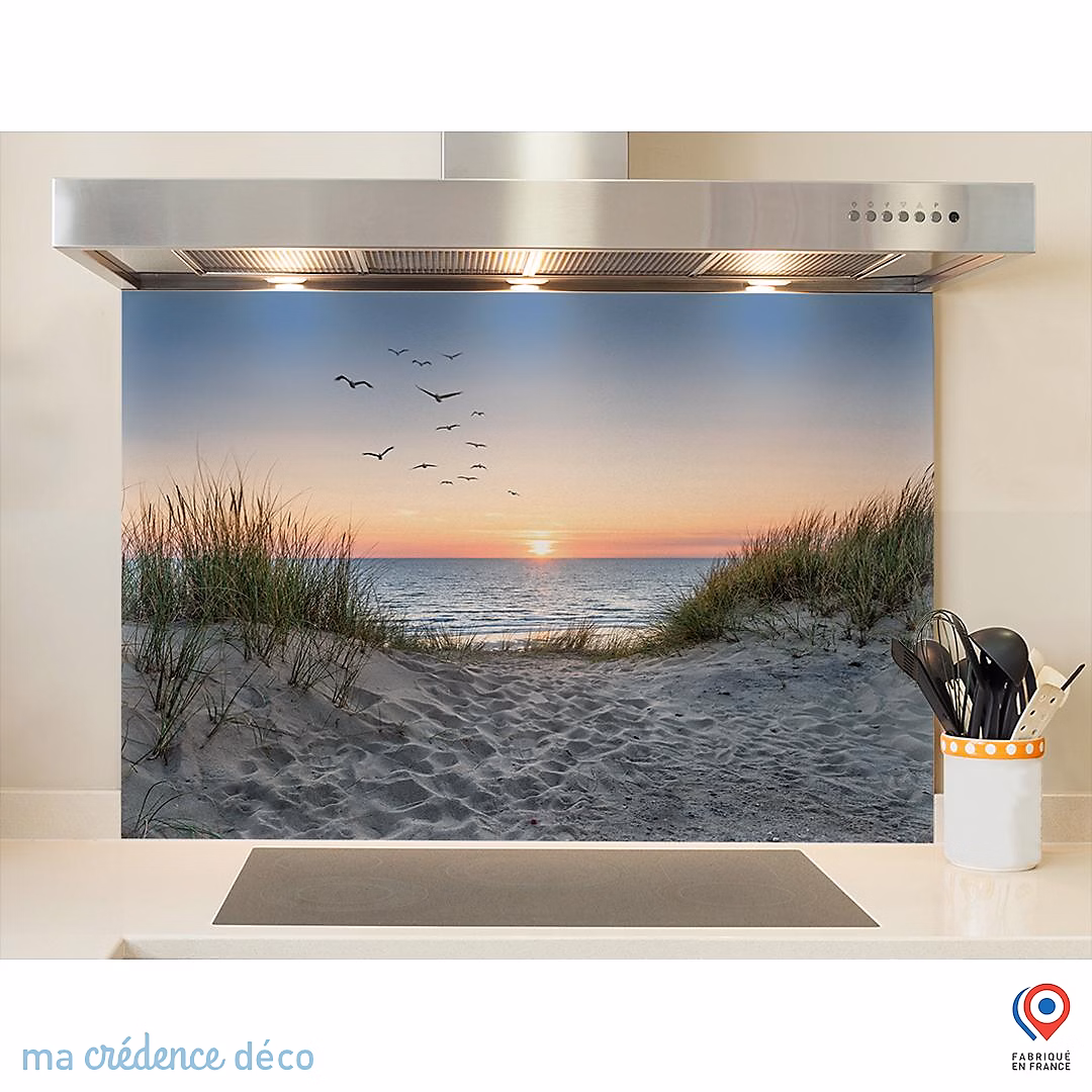 Crédence cuisine fond de hotte Dunes et mouettes 3 – Alu composite, L 60 cm x H 45 cm, MaCrédenceDéco