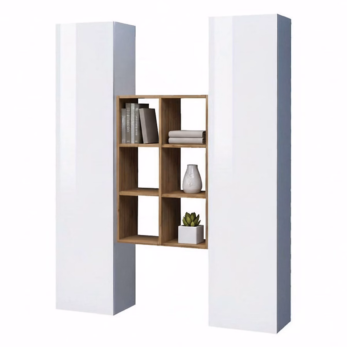 Buffet Ddeluc – Ensemble de salon avec 2 portes et Etageres | Buffet de salon | 140x30h180 cm | Blanc brillant et Erable