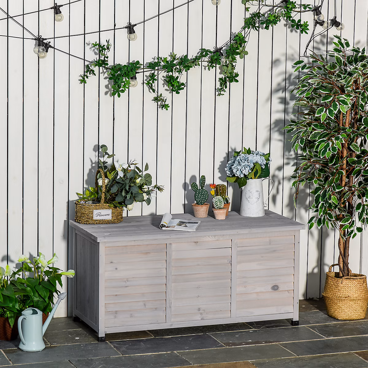 Armoire de Jardin – Cabane de Rangement en Bois de Pin, Résistant aux Intempéries, Rangement Outils, Gris Clair, 127 × 56 × 60 cm