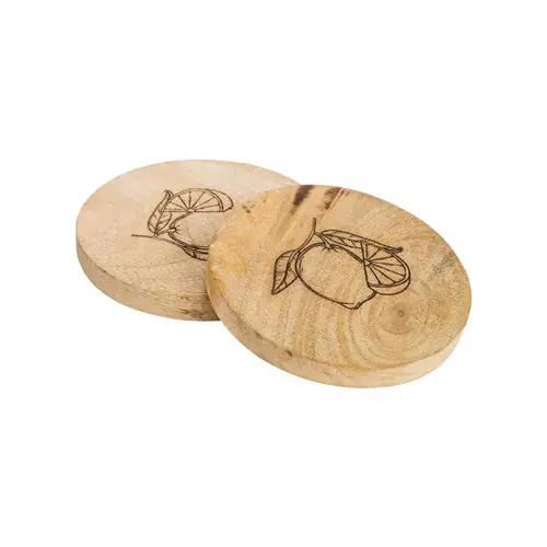 Sous-verres en bois de manguier à décor citron noirs x2 - Ø 10 cm