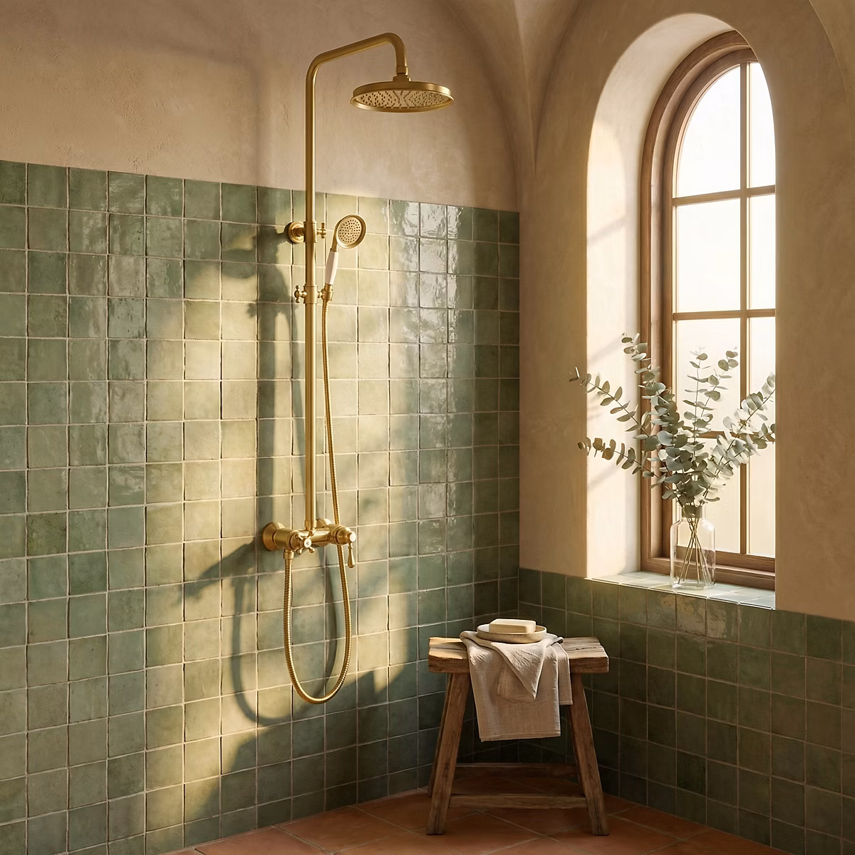 Colonne de douche mécanique avec pommeau + douchette 1 jet + flexible – doré, Essebagno Artretro