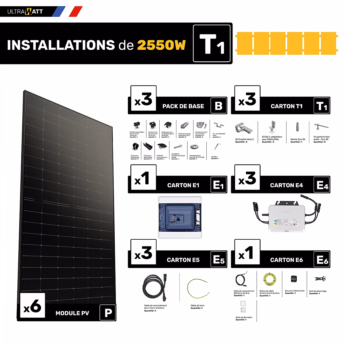 Kit panneau solaire Ultrawatt avec fixation pour tuile petit galb 2550W | Panneau solaire