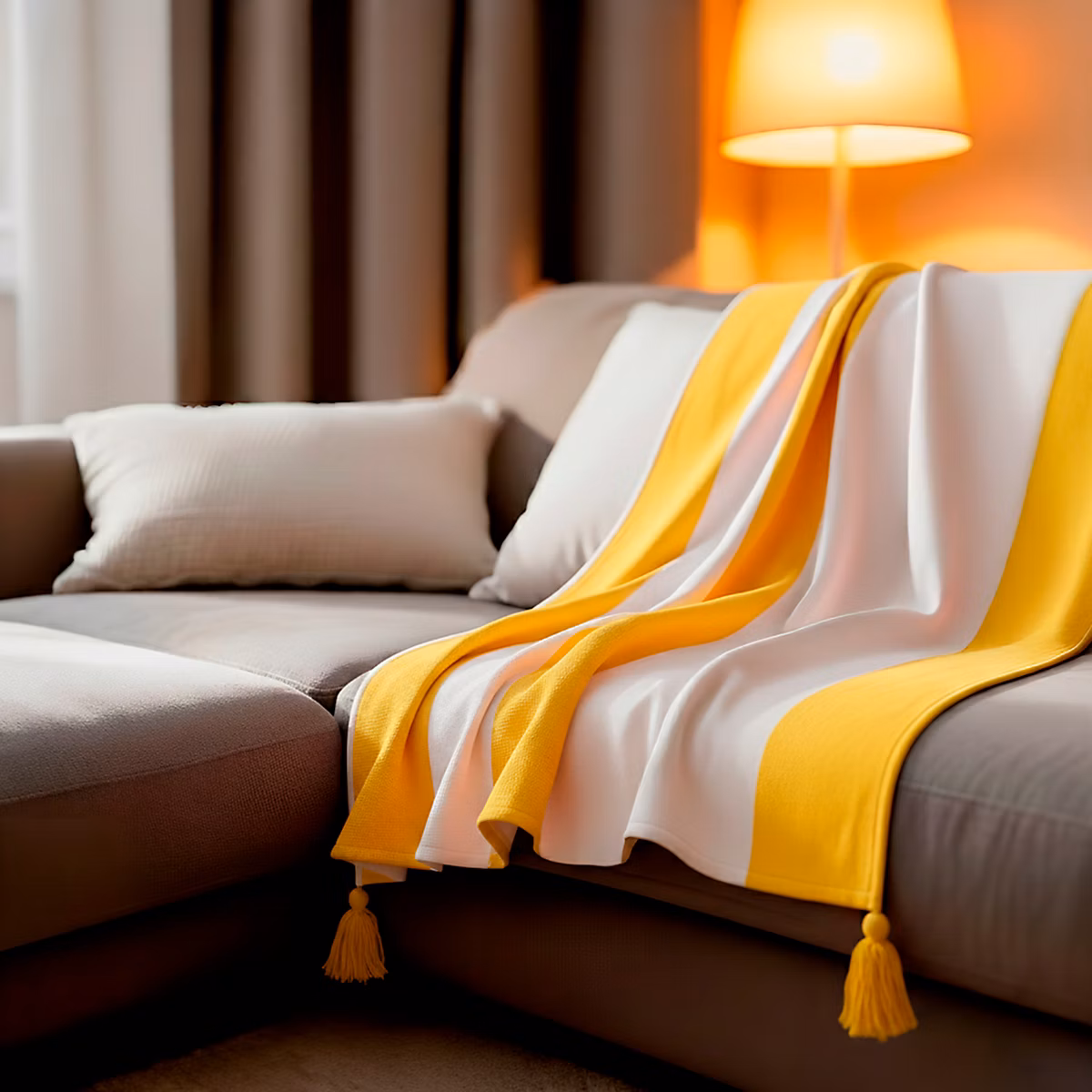 Couverture plaid 100% coton jaune avec pompons 130 × 170cm SLAVANN – SACASA