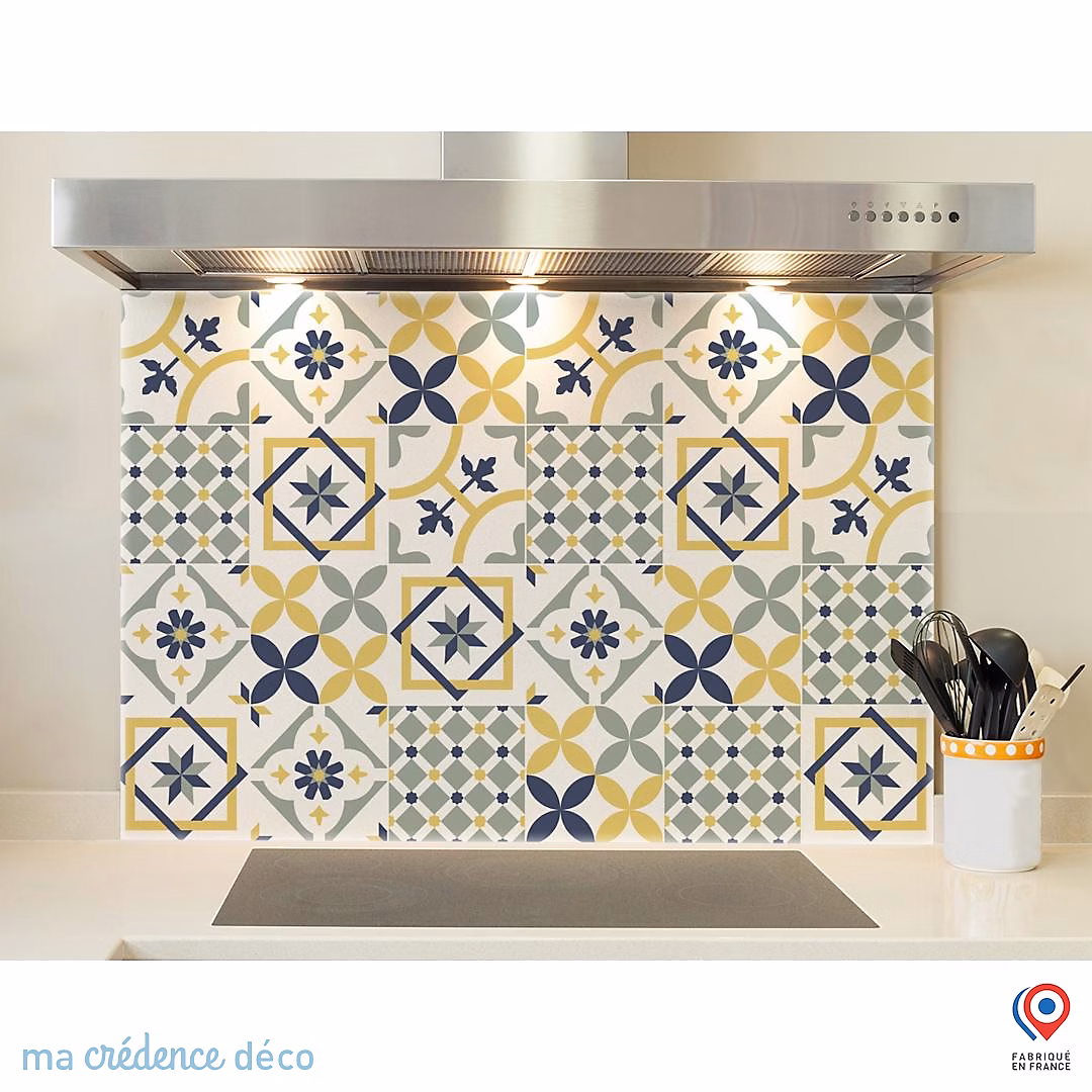 Crédence cuisine fond de hotte Carreaux ciments jaune – Verre trempé, L 60 cm x H 45 cm, MaCrédenceDéco