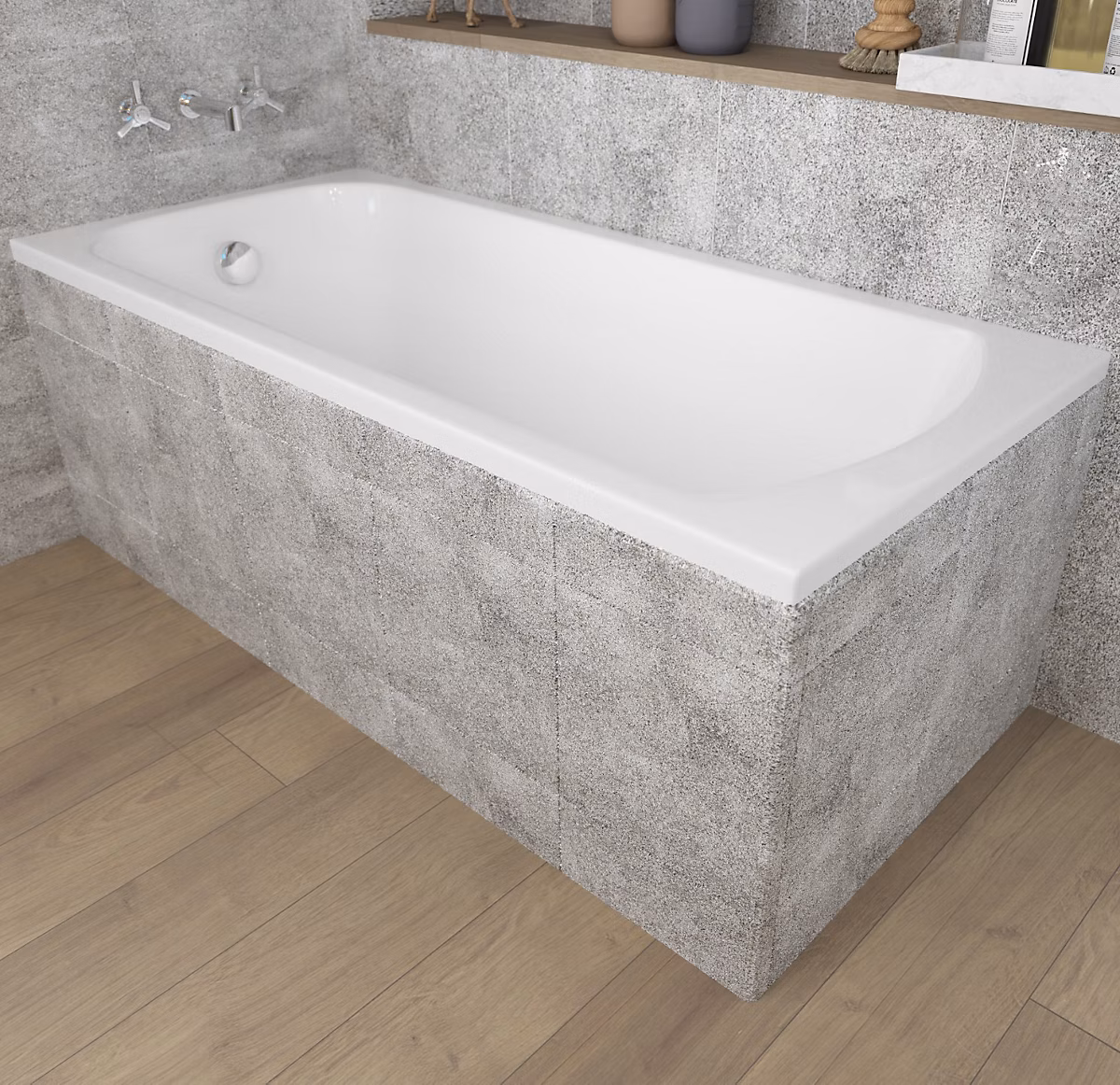Baignoire rectangulaire 170 x 75 CLASSIC acrylique blanc + Habillage en polystyrène + Pieds + Vidage à chromé | Baignoire