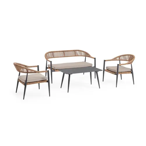 Salon de jardin en aluminium coloris anthracite et corde Jandia - 4 éléments (canapé, table basse et deux fauteuils)