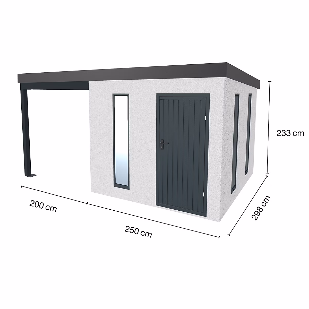 Abri de jardin en métal finition crépi 2500 × 2980 mm blanc avec auvent à gauche 2000 × 2980 mm anthracite.