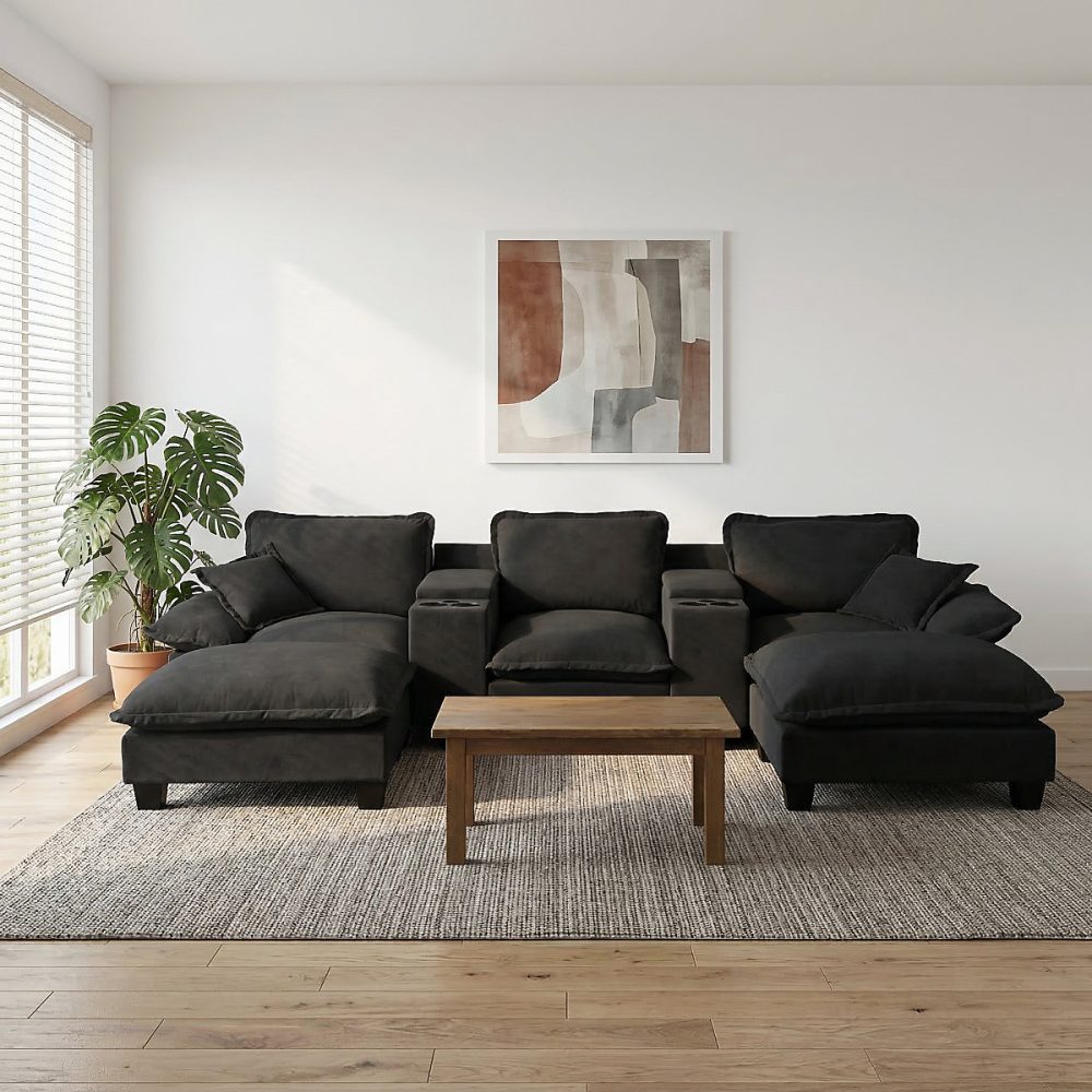 Canapé modulable Chenille | Canapé d'angle 3 places en U – design bateau à voile – USB – ottomane – porte – verres & rangement – noir