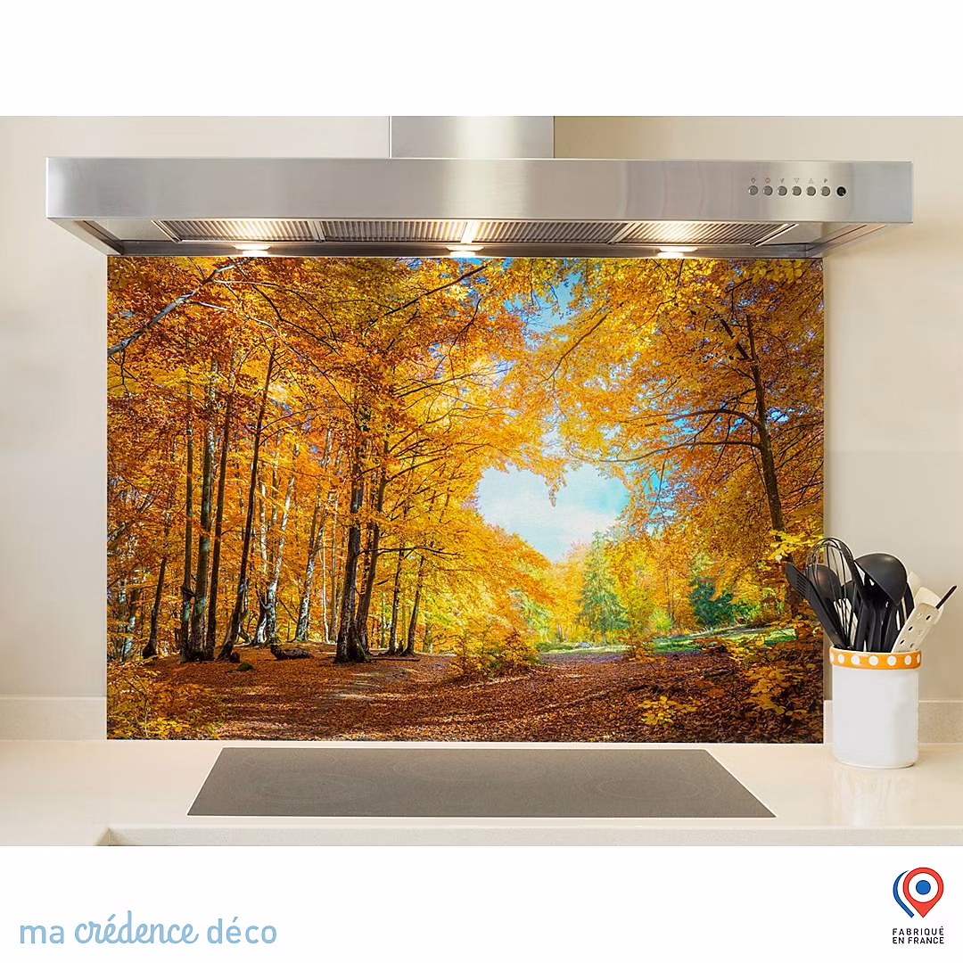 Crédence cuisine fond de hotte forêt et cœur – Verre trempé, L 90 cm x H 50 cm, MaCrédenceDéco